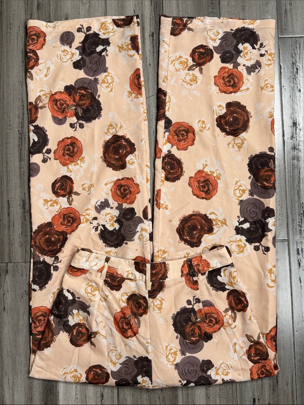BAILEY ROSE FLORAL HIGH RISE WIDE LEG TROUSER PANTS CREAM BROWN ROSES SIZE MED - Picture 8 of 11